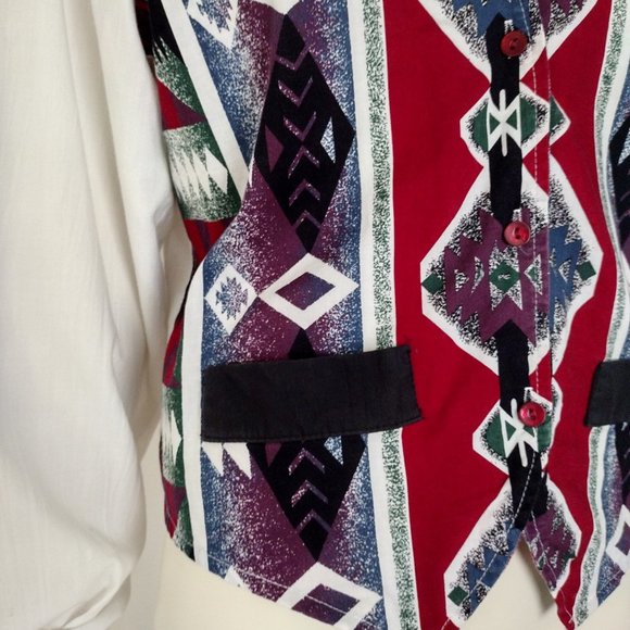 Vintage 1980s Tapestry Roll Tab Sleeve Button Down Faux Vest Shirt - Picture 10 of 15
